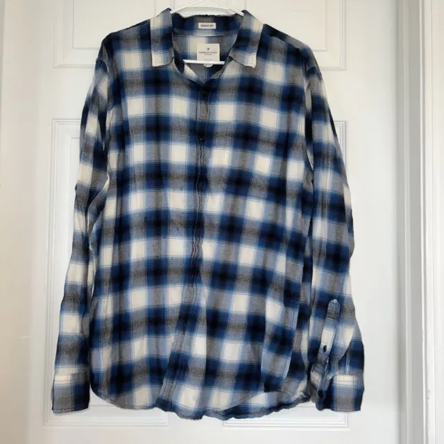 American Eagle Button Up Flannel Plaid Shirt Blue/White XL American Eagle Button Up Flannel Plaid Shirt Blue/White XL