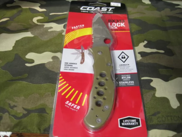 Coast BX313 Lock Back Folding Knife, 3.35" Blade, Desert Tan Nylon Handle, New