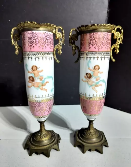 Antique Sevres Style Porcelain & Bronze Vases Couple, 9.5" high.