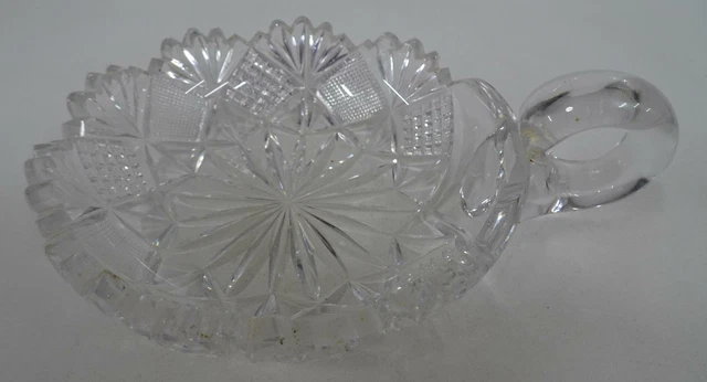 American Brilliant Cut Glass Sawtooth Rim 5" Round Candy Nut Dish w Handle