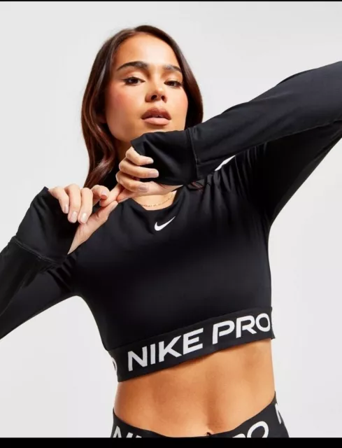 Nike Pro Training Long Sleeve  Crop Top Design 2024 Black XS to XL UK RRP £40 2