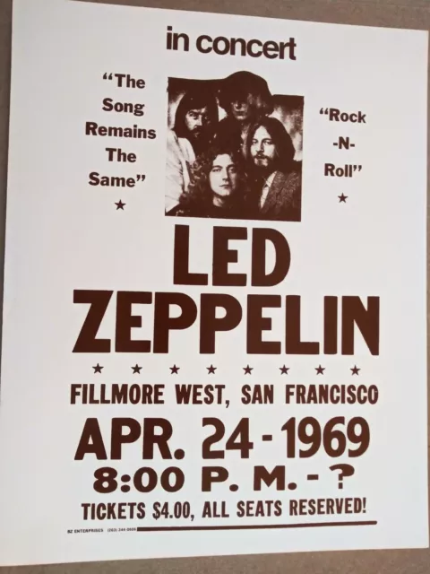 Led Zeppelin 1969 Concert Event Poster 14"x11" Fillmore West San Francisco