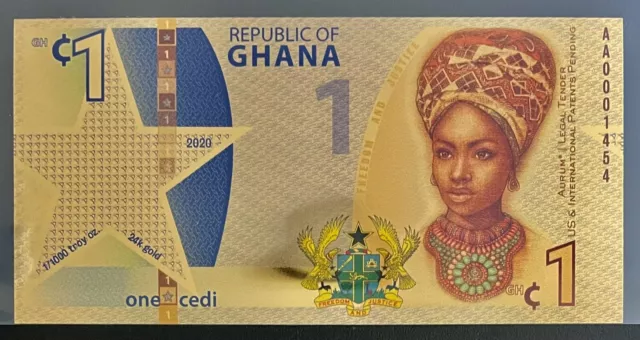 Ghana 1 Cedi Aurum® 24k gold Banknote 2020 Uncirculated **2 Day Free Shipping** 2