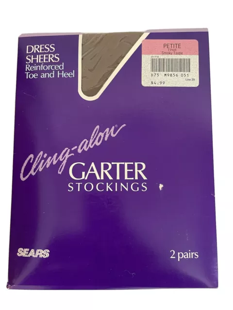 2 PR Vtg Sears CLING-ALON GARTER STOCKINGS - PETITE Smokey Taupe