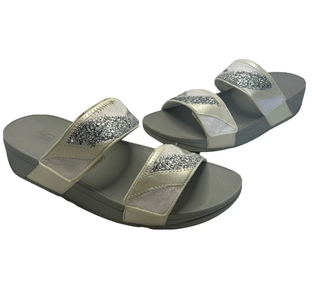 FitFlop Women's Mina Ombre Glitter Slide Sandals Comfort Gray White Size 10