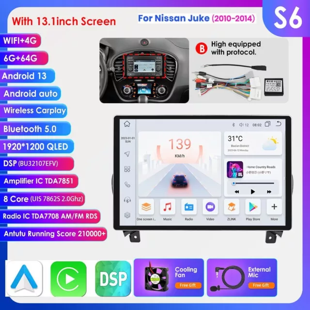 CarPlay 13.1" Android 12 Autoradio GPS Navi WIFI BT DAB+ Für Nissan Juke 2010-14