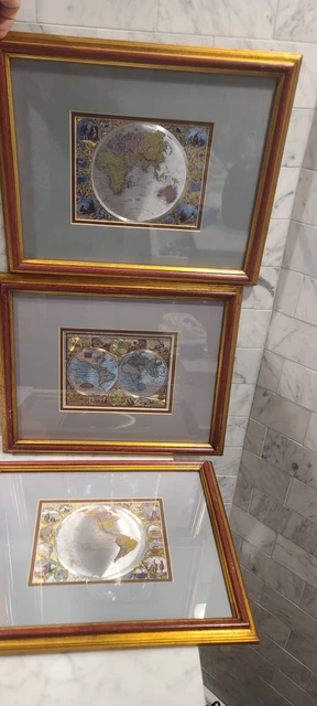 3 Vintage Windsor Art Foil World Map, Eastern and Western Hemisphere Framed