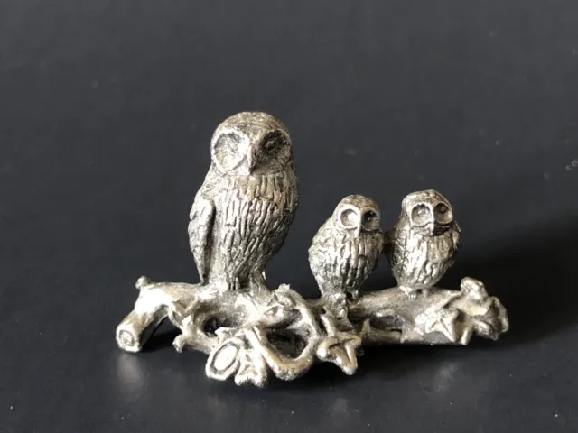 Pewter Owl Figurine 3 Owls On A Tree Branch RARE Birds Animals Figures