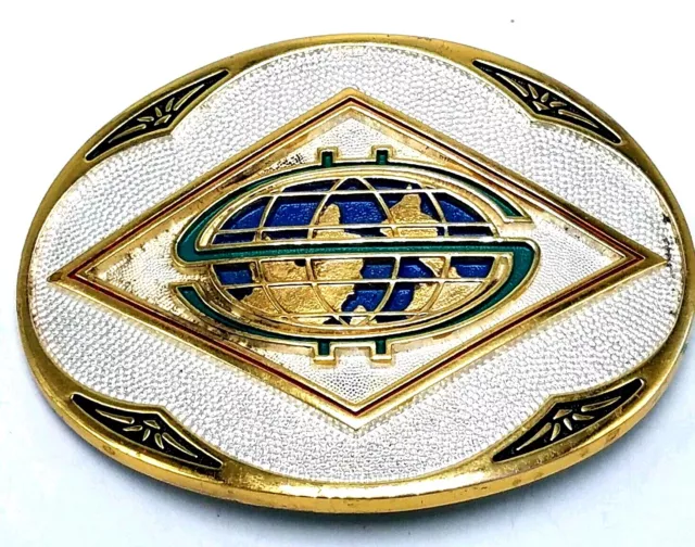 Vintage GP SP Silver Tone Gold Tone Dollar Sign Globe Belt Buckle Award Design