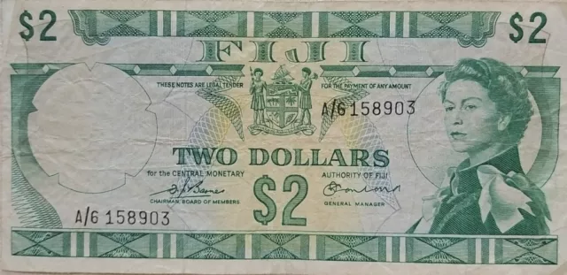 Fiji $2 Two Dollars Note Signed by Barnes & Tomkins QEII #No A/6 158903  VGC