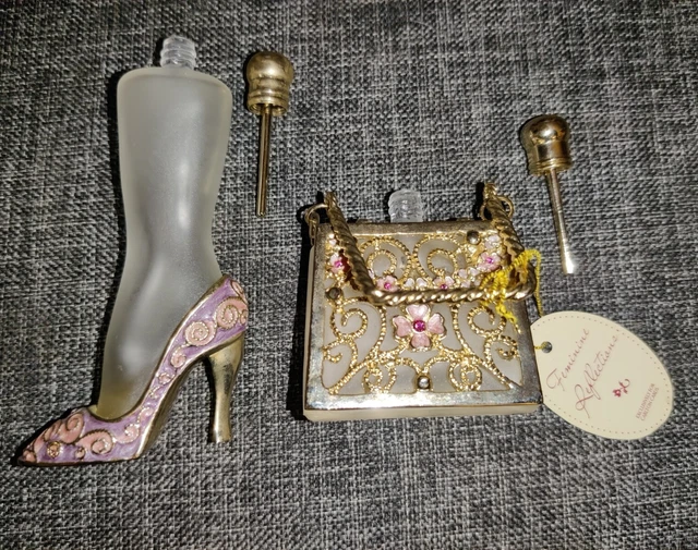 Frosted Glass High Heels Shoe  4" & Purse w/ Flowers Rhinestones Perfume Bottles