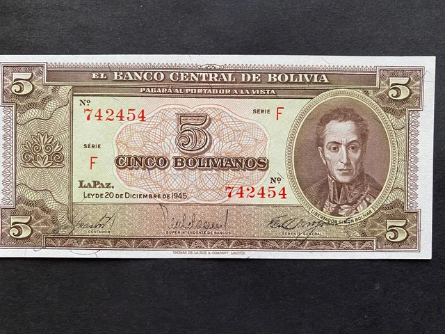 BOLIVIA, 1945, Billete Banco Central de Bolivia, CINCO BOLIVIANOS, Serie F, Unc