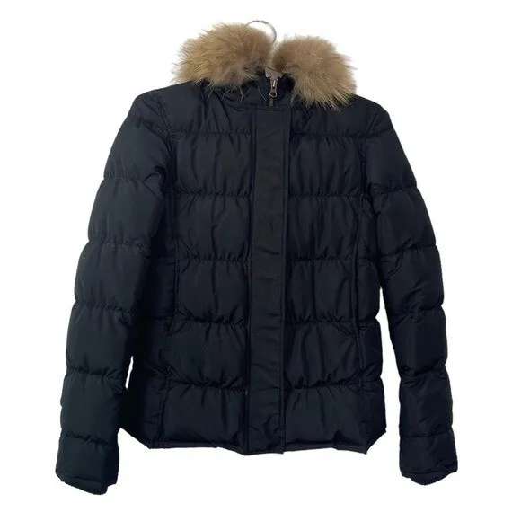 Theory Womens Black Down Filled Puffer Fur Lined Hooded Coat Size P (XS)