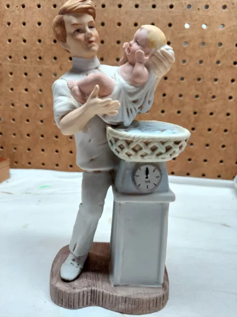 Lefton Doctor Figurine Weighing Newborn Baby Hand Painted RARE DETAILED 8.5"