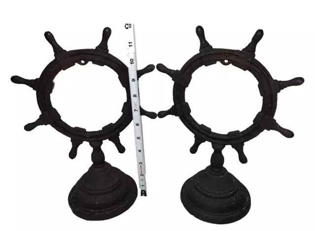 Nice Matched Pair Cast Iron Nautical Ship Wheel Picture Frames on Footed Stands