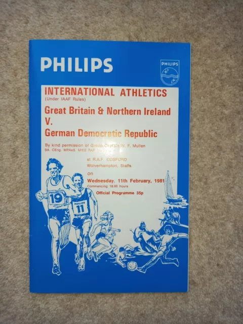 Athletics Programme RAF Cosford, GB&NI v GDR, Seb Coe 800m world record, 11.2.81