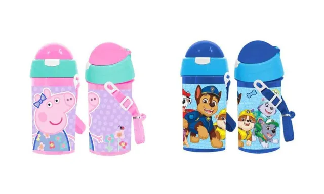 Paw Patrol Peppa Pig Water Bottle Straw Flip Top Drinks School Cup Kids Flask UK