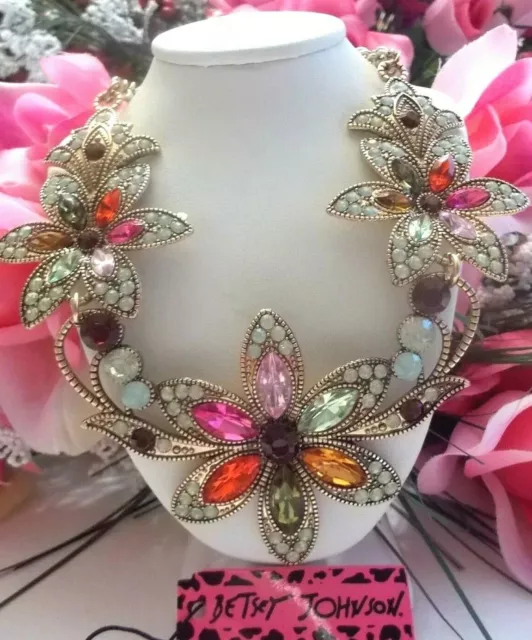 Beautiful Betsey Johnson Multi Color Floral Linked Statement Necklace