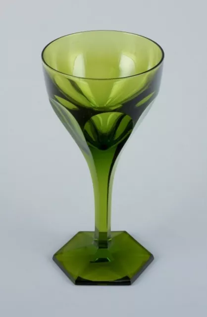 Val St. Lambert, Belgium.  Three green Legagneux white wine crystal glasses 3