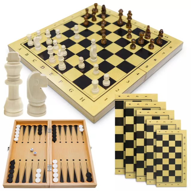 3in1 Set Holz Schach Dame Backgammon Spiel 40cm Schachspiel Reiseformat faltbar