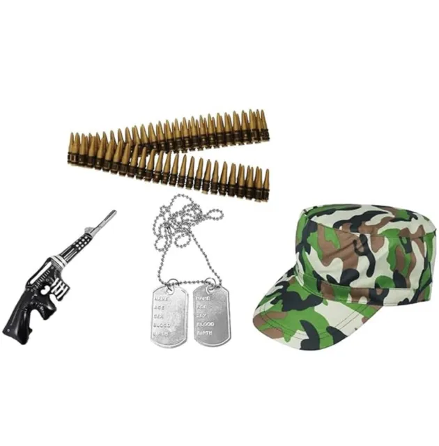 Ultimate Army Dress-Up Kit for Heroes- Adjustable Hat, Bullet Belt, Dog Tag, Gun