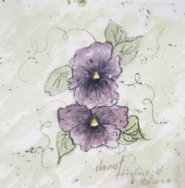 Original  Watercolors and Pen -Pansies  by Janet Hufnagle  floral