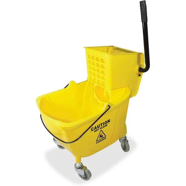 Genuine Joe Mop Bucket w/ Removeable Wringer 9Gal Plastic Square Yellow w/ Wheel