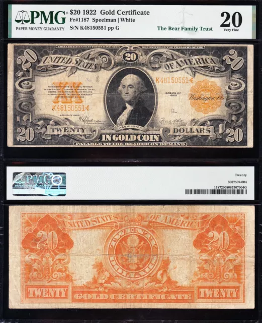 VERY NICE Bold & Crisp VF 1922 $20 GOLD CERTIFICATE! PMG 20! FREE SHIP! 50551