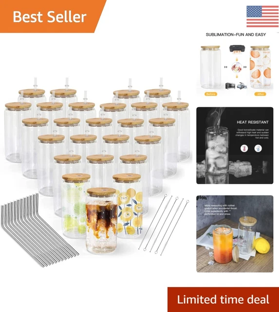 25 Sublimation Glass Beer Blanks with Bamboo Lid - Easy Sublimation - 16OZ