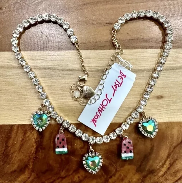 Betsey Johnson Gold Tone Watermelon Popsicle Ice Cream Rhinestone Heart Necklace