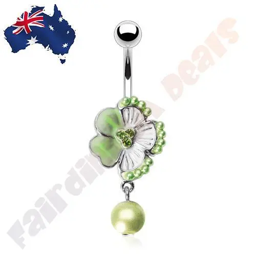 316L Surgical Steel Green Pearl & Gem Flower Belly Ring with Pearl Dangle