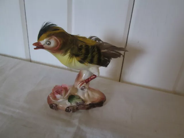 Bird Figurine W Real Feathers Jap Flower Rose Gold Finch Maybe 3 1/2 Inches Tall