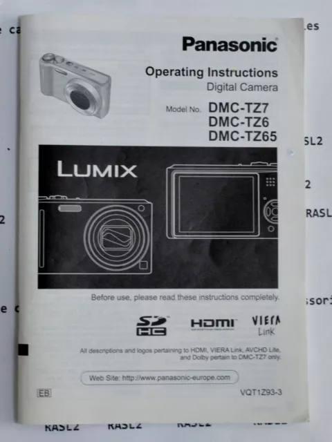 Operating Instruction User Guide For Panasonic Lumix DMC-TZ7 TZ6 TZ65, ENGLISH