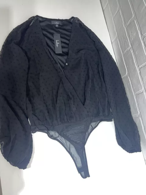 NWT - Lulus Black Long Sleeve Deep Plunge Blouse Bodysuit Size Large Very Nice