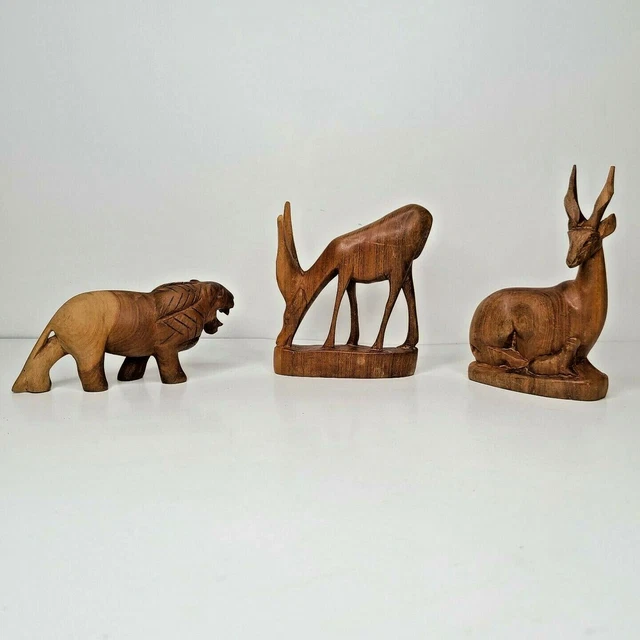 Hand Carved Gazelle Antelope and Lion Figurines Wood Lot of 3 Kenya Besmo