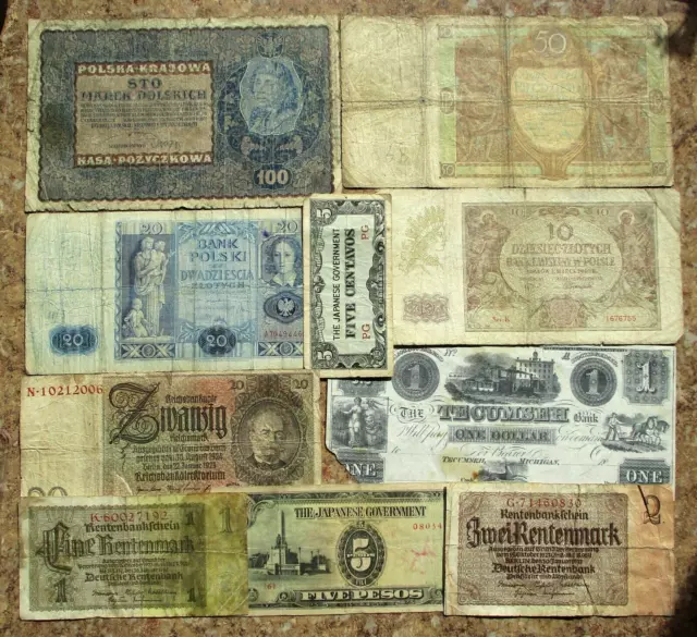 Lot Of Ten Old Banknotes Of The World Poland - Germany - Japan (A)