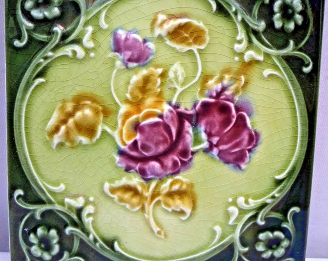 Ancien Carreau Majolique Angleterre Céramique Rose Fleur Mauve Vert Architecture 3