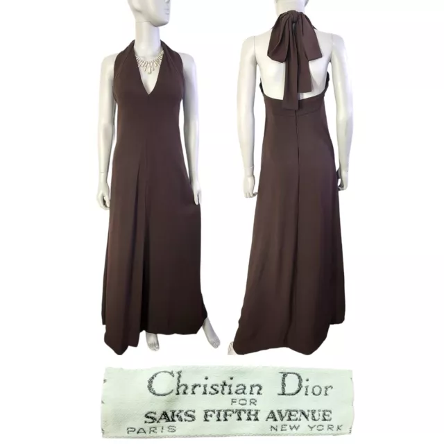 Vtg 70s Prom Dress S Christian Dior Designer Brown Halter Plunge Gown Saks