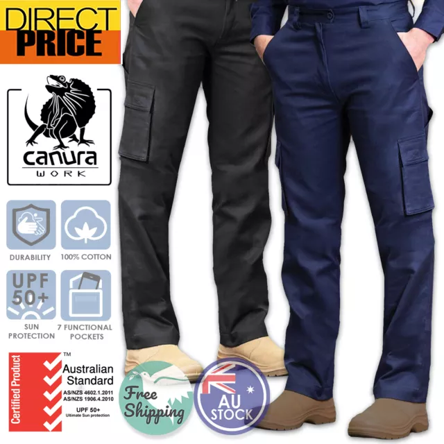 Mens Cargo Pants Work Trousers Cotton Drill 8 Pockets Black Navy Heavy Duty UPF+