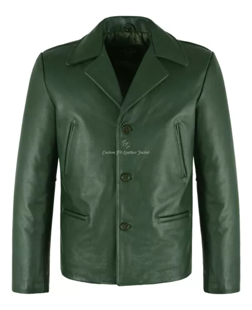 Men's 70's Jacket Green Classic Collared Blazer Real Cowhide Leather Jacket 4162
