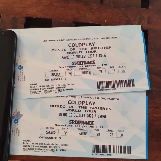 2 places concert COLDPLAY  Paris Stade de France le 19 juillet