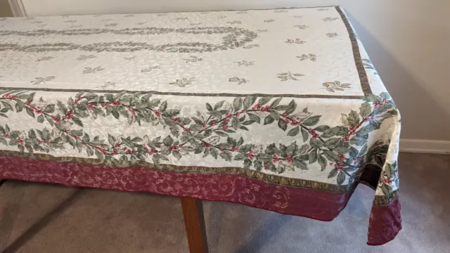 Vintage Christmas Tablecloth Holly Rectangle 55"x117" Ivory Burgundy Berries