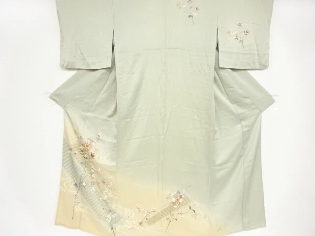 98731# Japanese Kimono / Antique Hitoe Kimono / Bamboo Blind & Plants