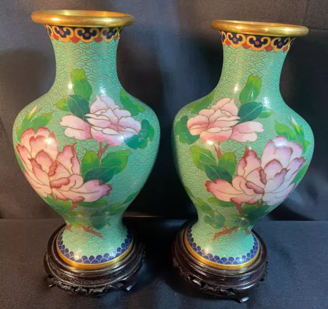 Set of 2 ~ Cloisonne "FLORAL / BIRD"  Oriental  Brass Enamel Vases ~ 9 1/2" Tall