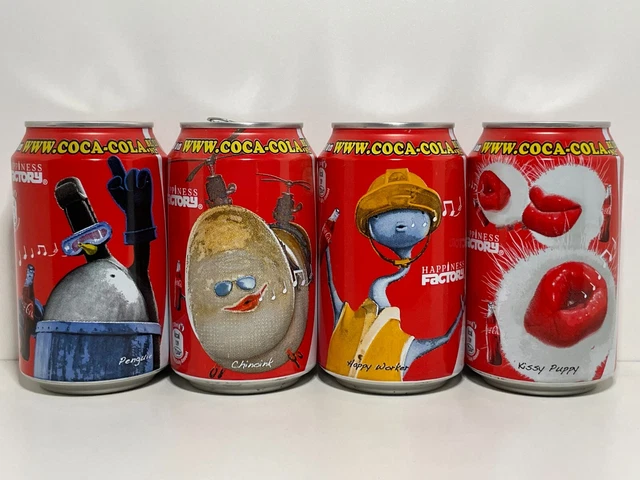 COCA COLA COKE CANS; 4 SINGLE HAPPINESS FACTORY CANS BeNeLux 2009/2010