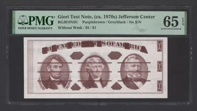 Giori Test Note,(ca. 1970s) Jefferson Center "Without Wmk" Uncirculated Grade 65