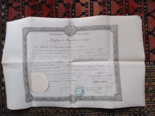 ancien Diplôme de Bachelier ès Lettres . Académie  de Dijon . 1873