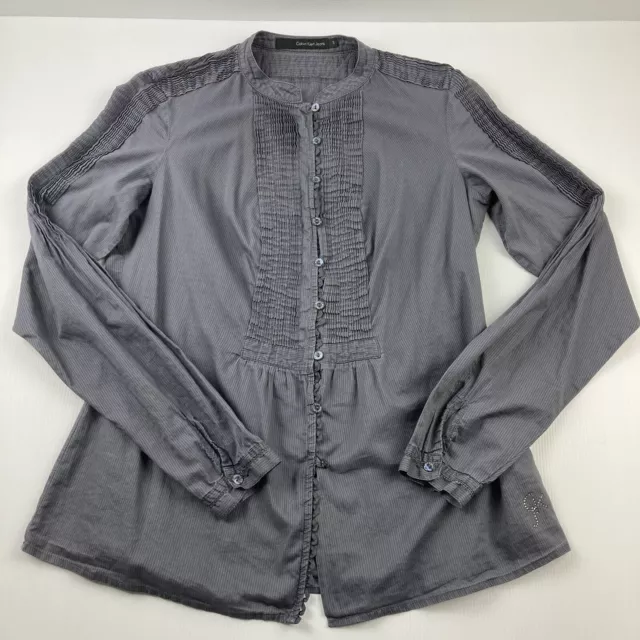 CALVIN KLEIN Jeans Womens Blouse Aus 10 Gray Pleated Long Sleeve Shirt Ruffled