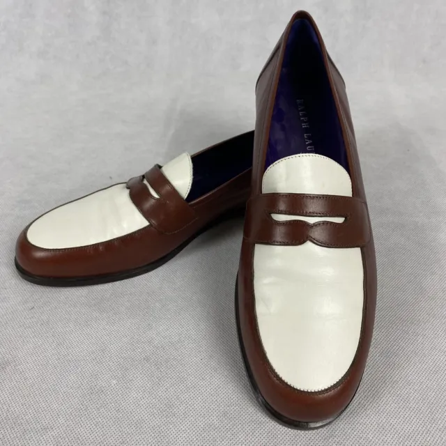 Ralph Lauren Purple Label Leather Penny Loafers Women's 9.5B Brown White Italy