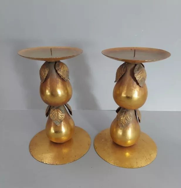 Ornate Pillar Candle Holders Gold Pears Gilt French Country Baroque Fruit rustic